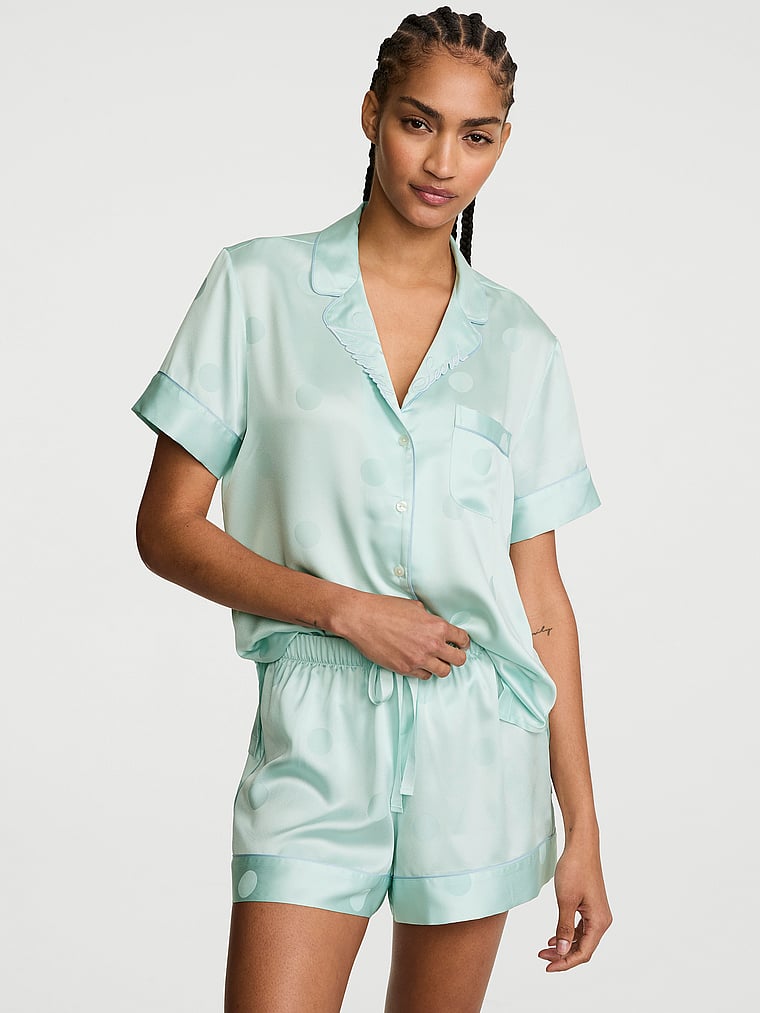 Victoria's Secret, Victoria's Secret Signature Satin Short Pajama Set, Yacht Blue, onModelFront, 3 of 4 Anyeline is 5'10" and wears S/Long