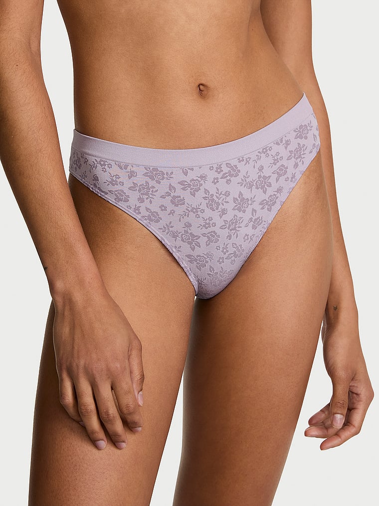 Victoria's Secret, Seamless Seamless Lace-Trim Thong Panty, Crystal Lilac Floral, onModelFront, 2 of 3 Anyeline is 5'10" and wears Small