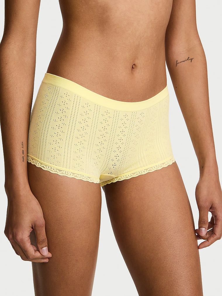 Victoria's Secret, Seamless Seamless Rib Lace-Trim Boyshort Panty, Lemonade, onModelFront, 2 of 3 Anyeline is 5'10" and wears Small