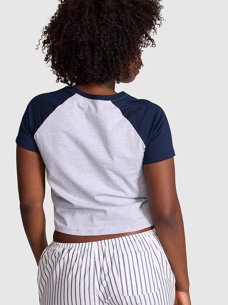 PINK Cotton Raglan Sleep Tee, Medium Heather Grey & Noir Navy, onModelBack, 2 of 3