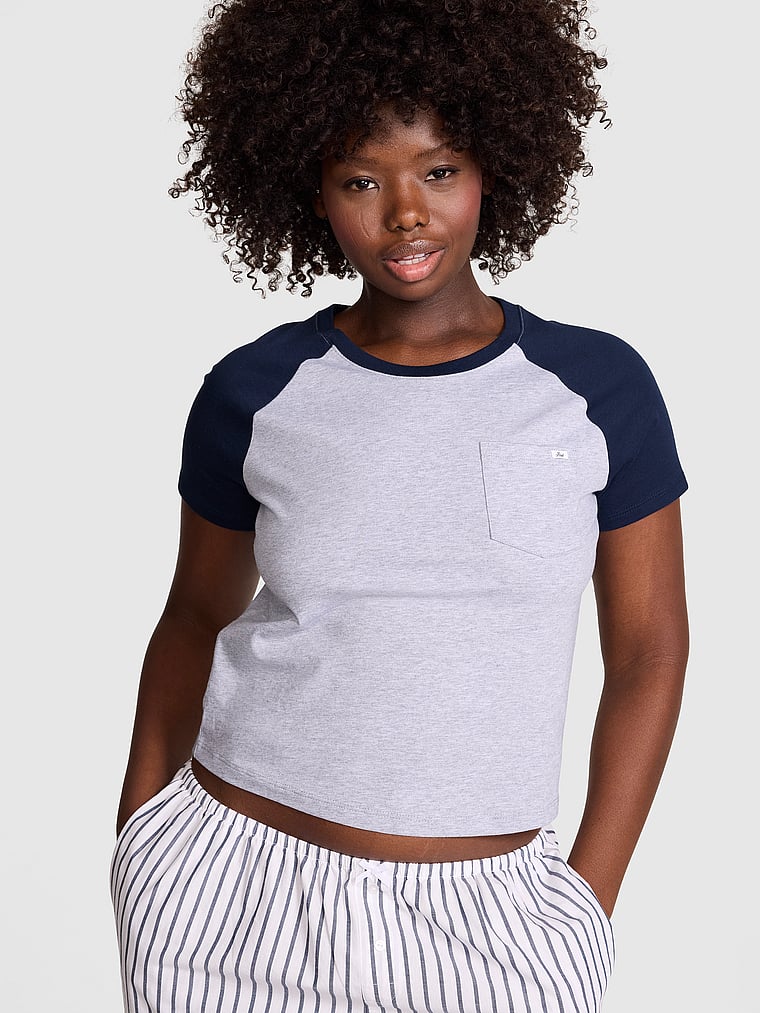 PINK Cotton Raglan Sleep Tee, Medium Heather Grey & Noir Navy, onModelFront, 1 of 3