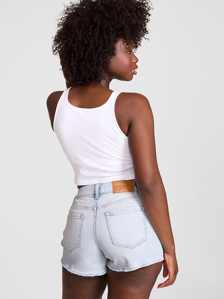 PINK Denim by PINK High-Rise A-Line Shortie, Icy Blue Wash, onModelBack, 2 of 3 Fanta is 5'11" and wears Medium