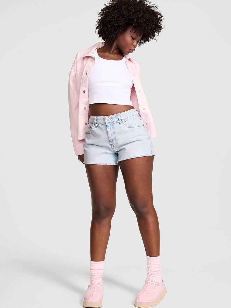 PINK Denim by PINK High-Rise A-Line Shortie, Icy Blue Wash, onModelFront, 1 of 3 Fanta is 5'11" and wears Medium