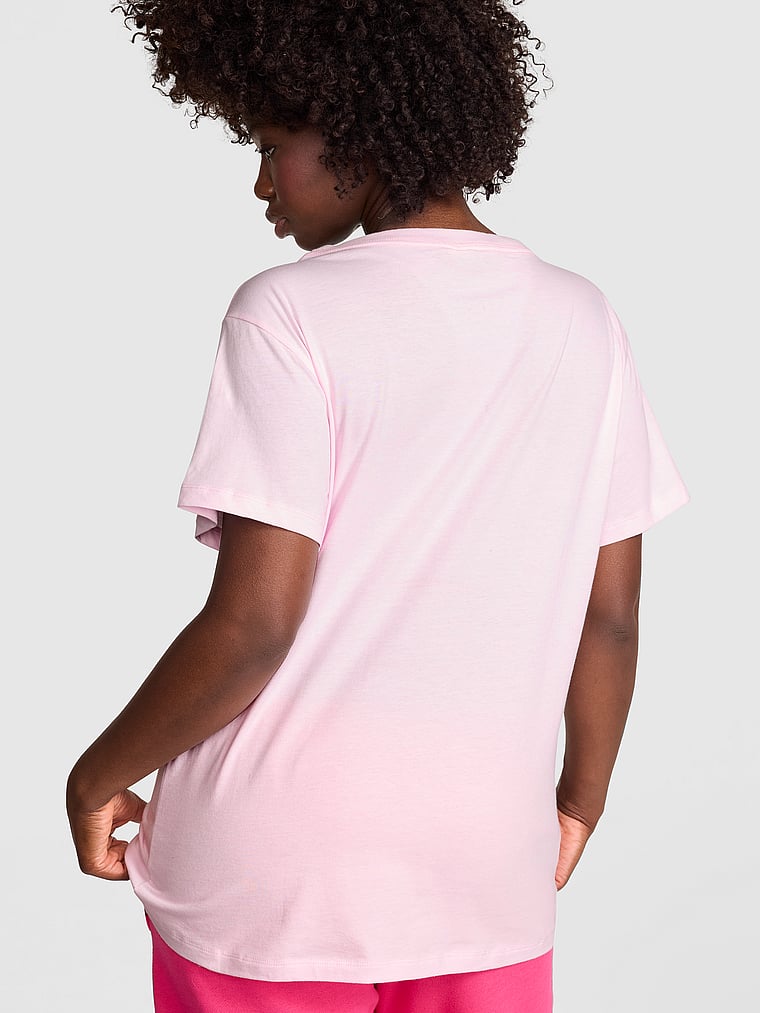 PINK Campus Cotton™ V-Neck Tee, Pink Tulip, onModelBack, 2 of 3 Fanta is 5'11" and wears Medium