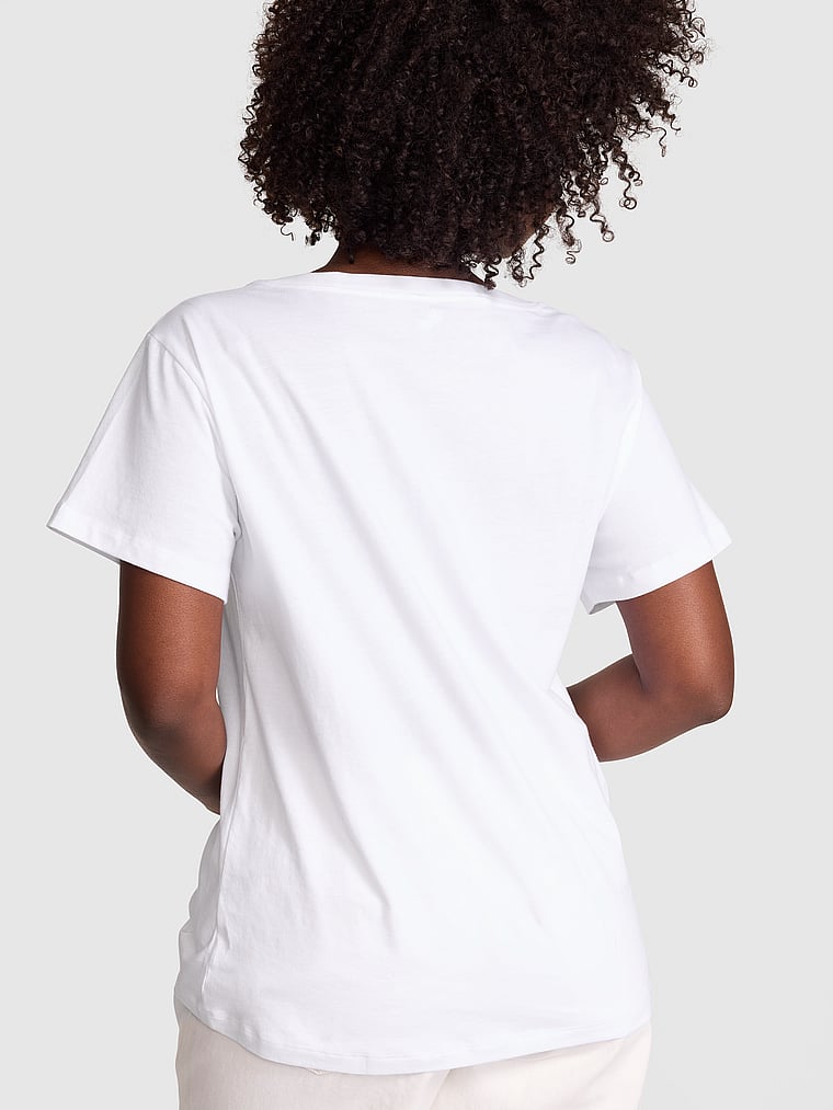 PINK Campus Cotton™ V-Neck Tee, White, onModelBack, 2 of 3 Fanta is 5'11" and wears Medium