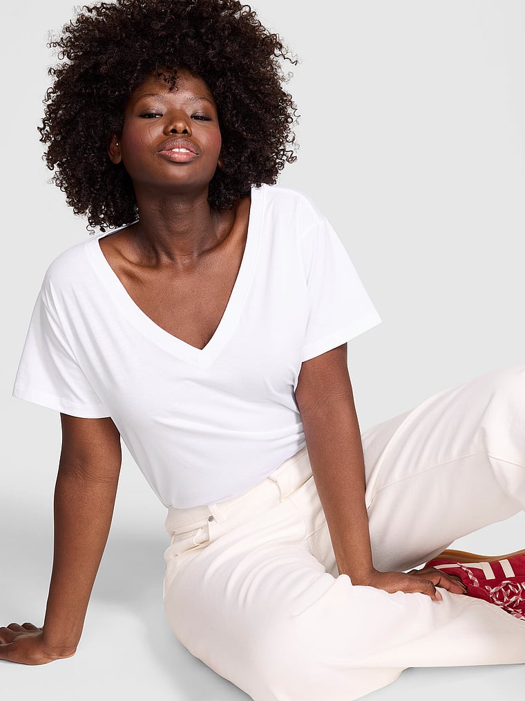 PINK Campus Cotton™ V-Neck Tee, White, onModelFront, 1 of 3 Fanta is 5'11" and wears Medium