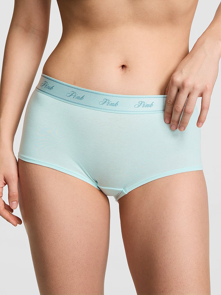 PINK Lacie Logo Boyshort Panty, Spray Blue, onModelFront, 1 of 3