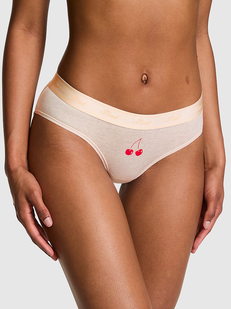 PINK Logo Cotton Hiphugger Panty, Natural Heather With Cherry Graphic, onModelFront, 1 of 3