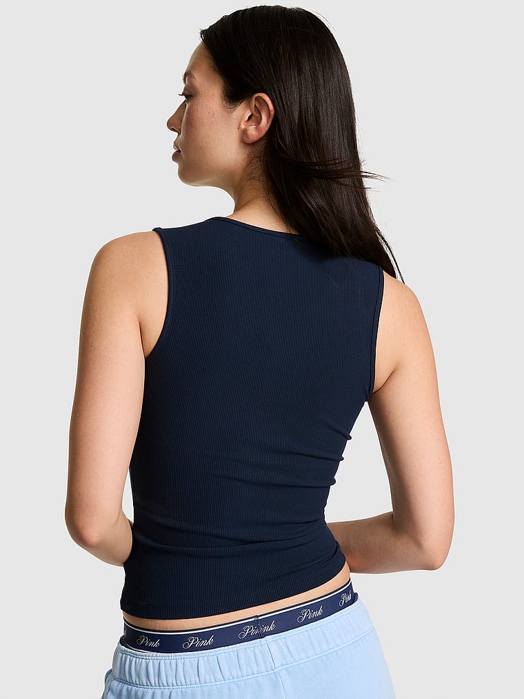 PINK All-Day Soft Rib Square-Neck Tank Top, Noir Navy, onModelBack, 2 of 3