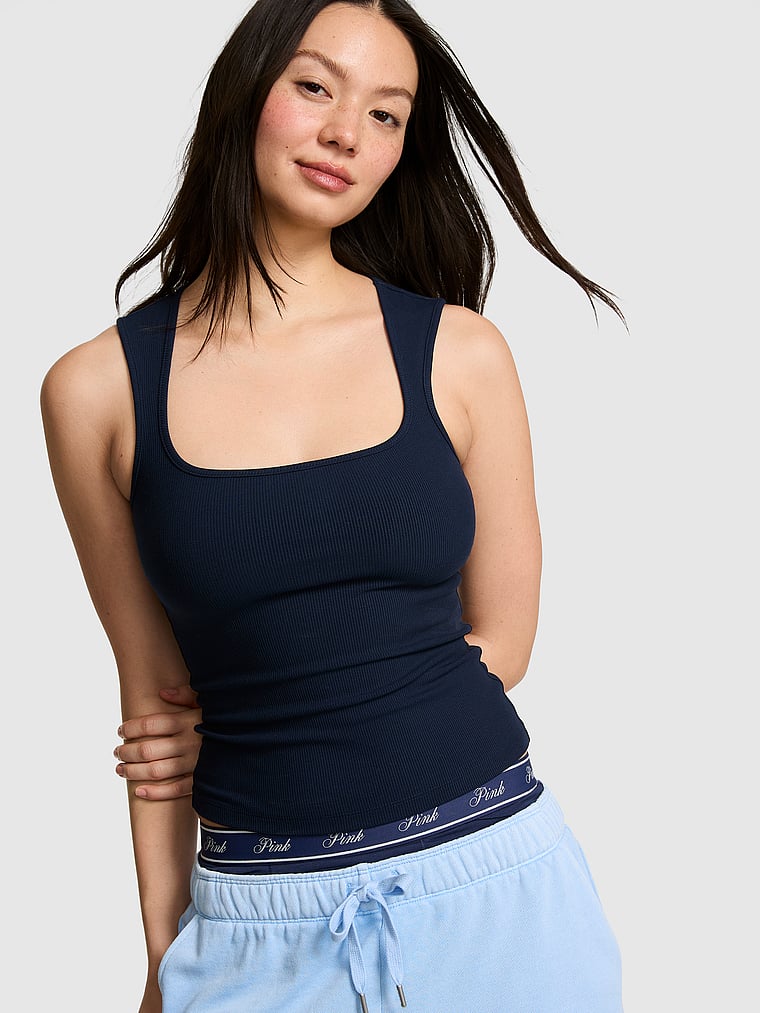 PINK All-Day Soft Rib Square-Neck Tank Top, Noir Navy, onModelFront, 1 of 3