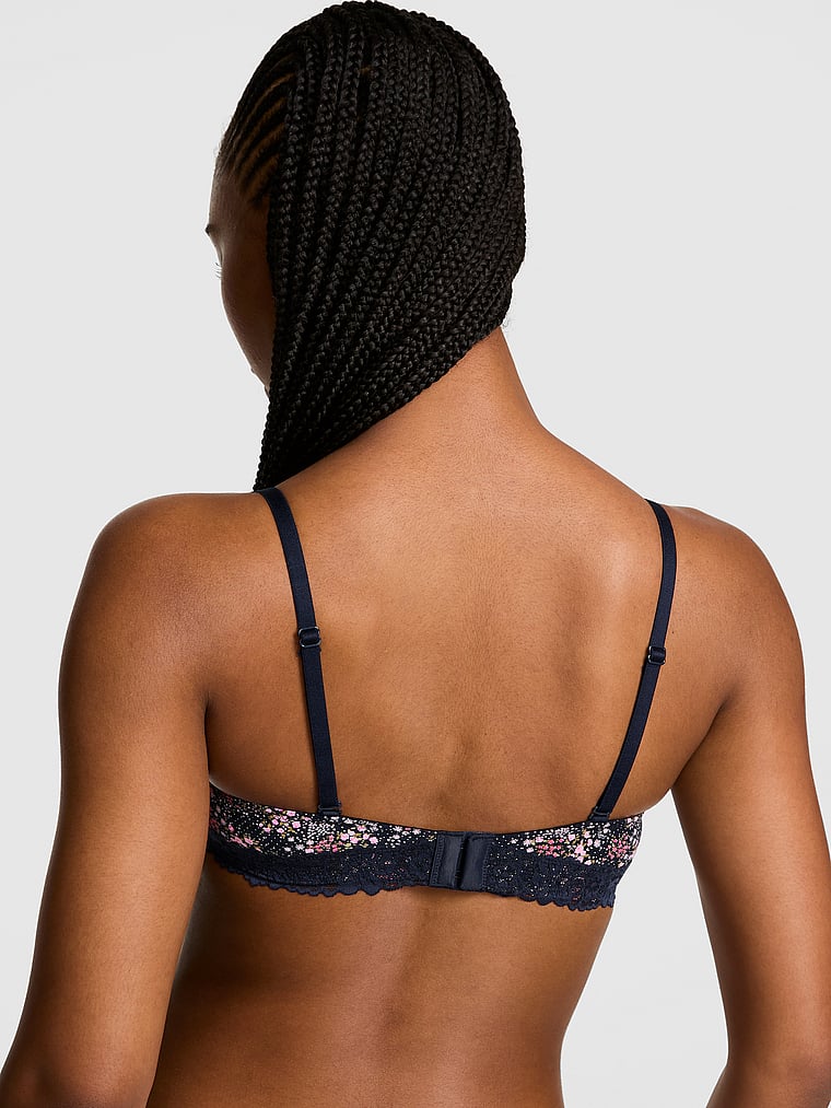 PINK Wear Everywhere Wear Everywhere™ Lightly Lined Full Coverage T-Shirt Bra, Noir Navy Floral, onModelBack, 3 of 4