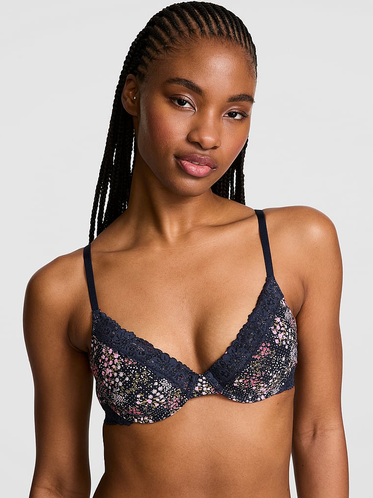 PINK Wear Everywhere Wear Everywhere™ Lightly Lined Full Coverage T-Shirt Bra, Noir Navy Floral, onModelFront, 2 of 4