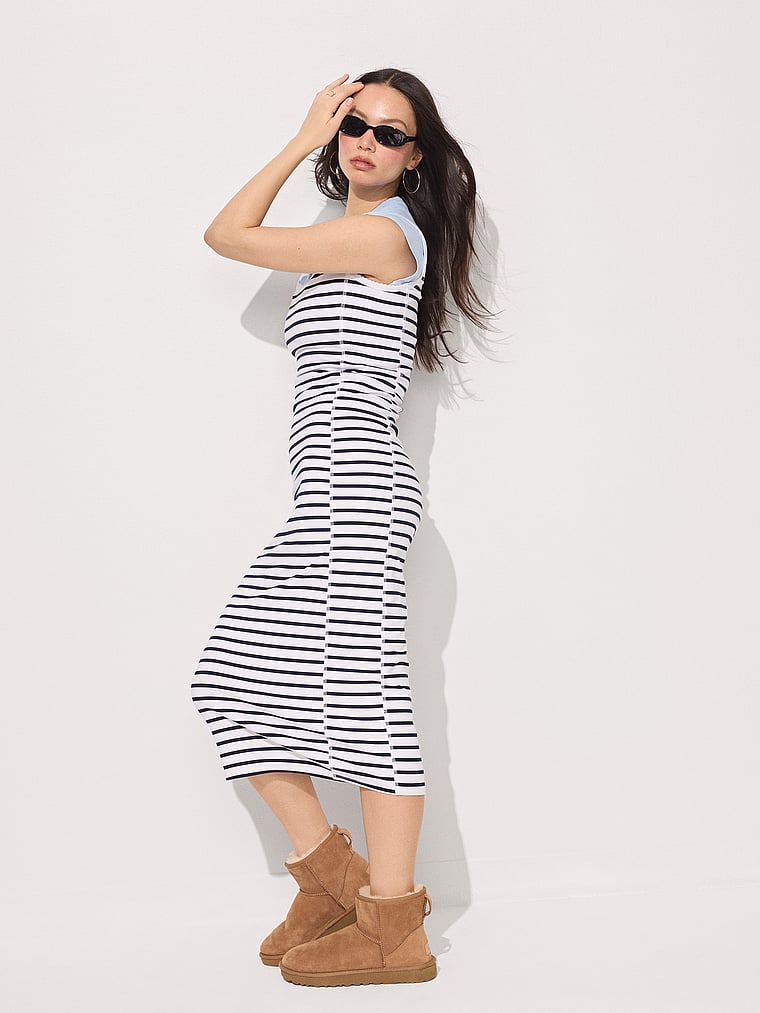 PINK All-Day Soft Rib High-Neck Midi Dress, Navy & White Stripe, onModelFront, 1 of 3