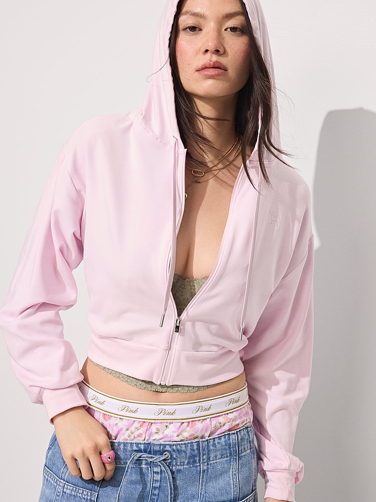 Soft Modal Bubble-Sleeve Full-Zip Cropped Hoodie