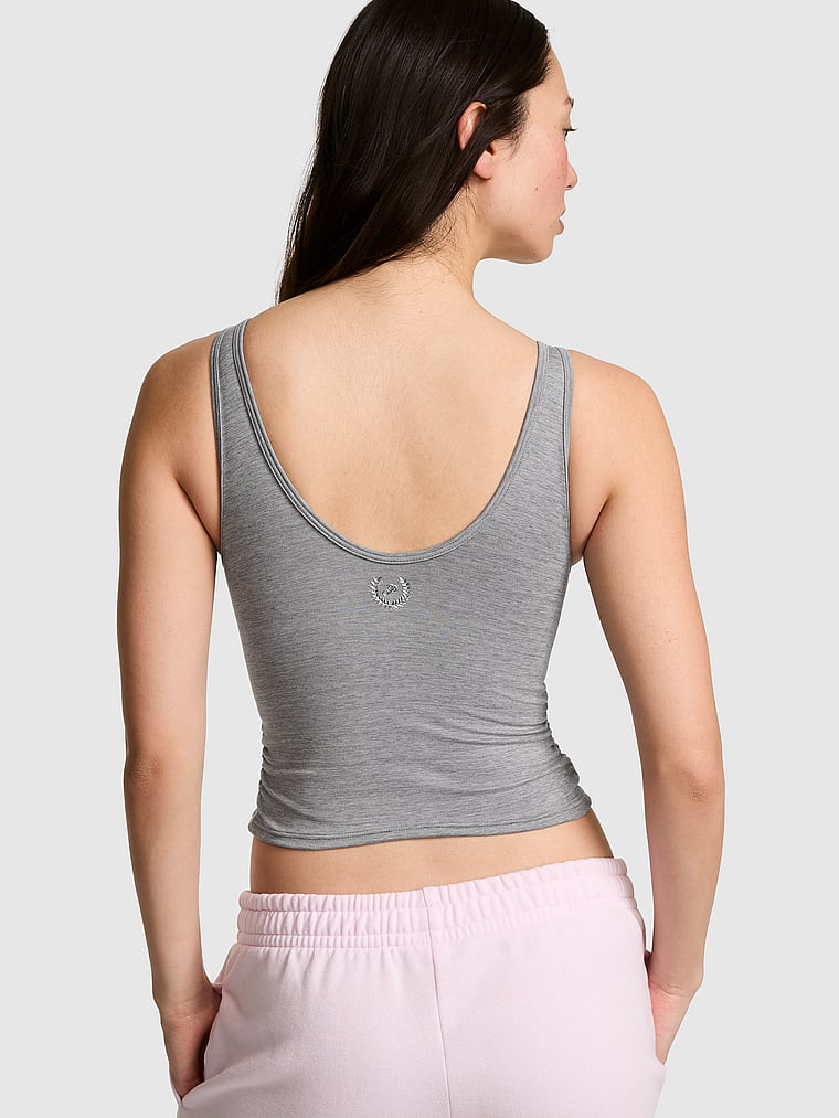 PINK PINK Relay™ Ruched Wrap Bra Tank, Night Owl Grey Marl, onModelBack, 2 of 3