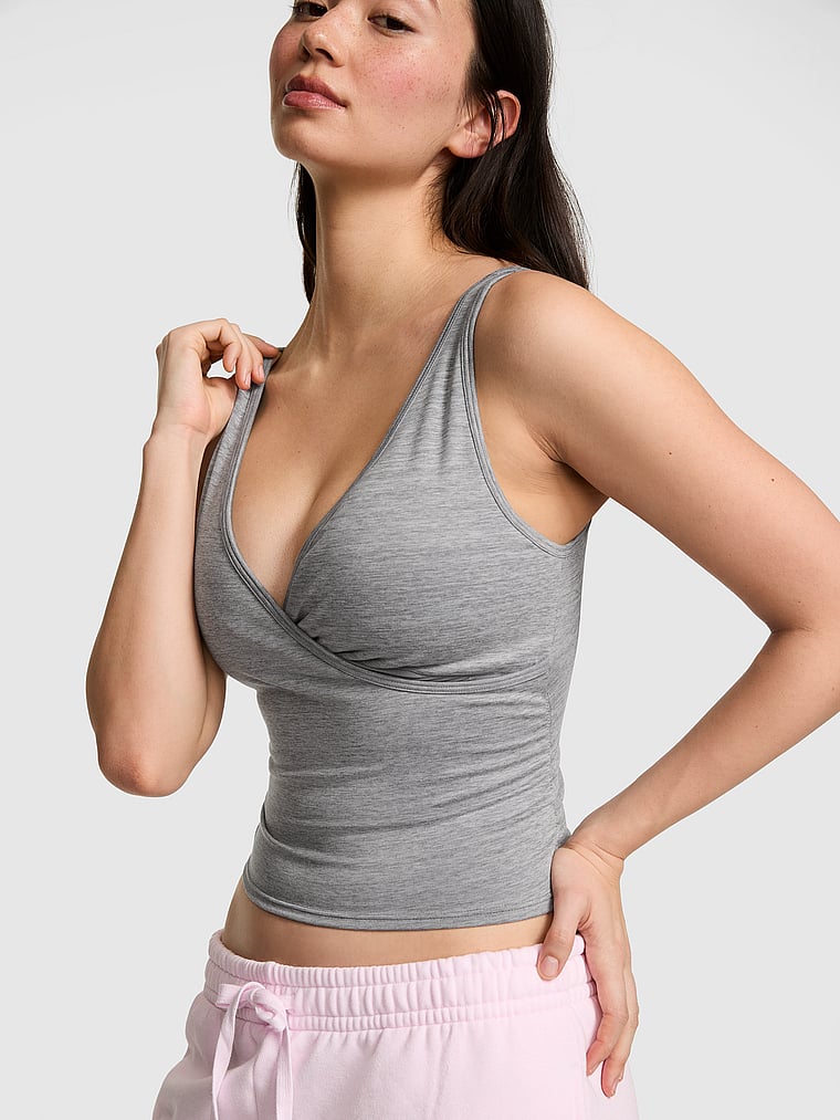 PINK PINK Relay™ Ruched Wrap Bra Tank, Night Owl Grey Marl, onModelFront, 1 of 3