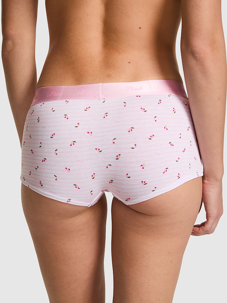 PINK Logo Cotton Boyshort Panty, Pink Tulip Stripe Cherry Print, onModelBack, 2 of 3 Ruby is 5'6" and wears Small