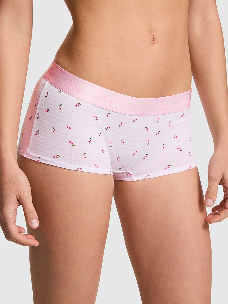 PINK Logo Cotton Boyshort Panty, Pink Tulip Stripe Cherry Print, onModelFront, 1 of 3 Ruby is 5'6" and wears Small