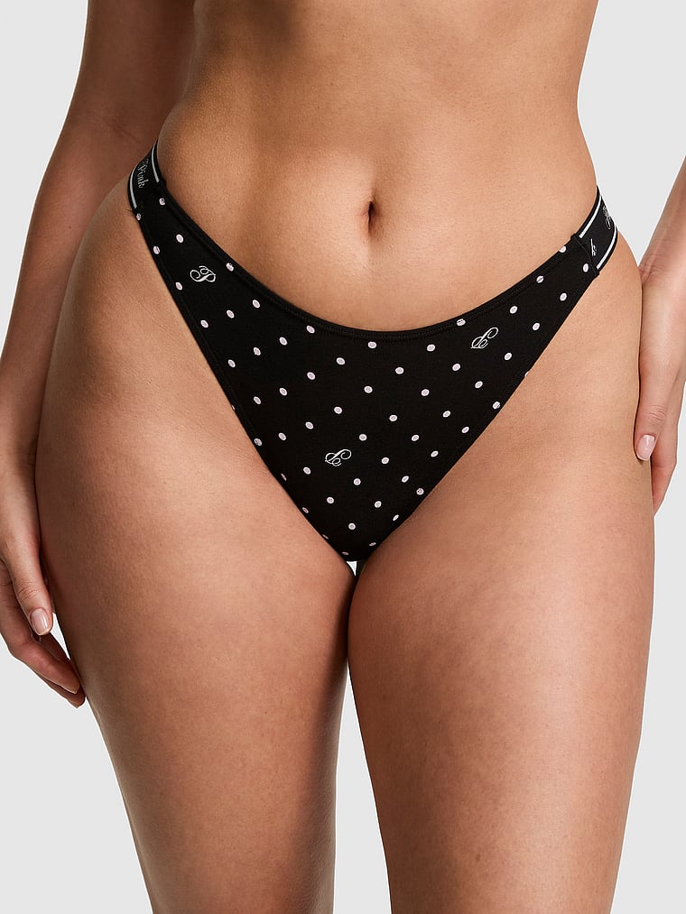 PINK Logo Thong Panty, Black Dot "P" Script, onModelFront, 1 of 3 Breanna is 5'8" and wears Large