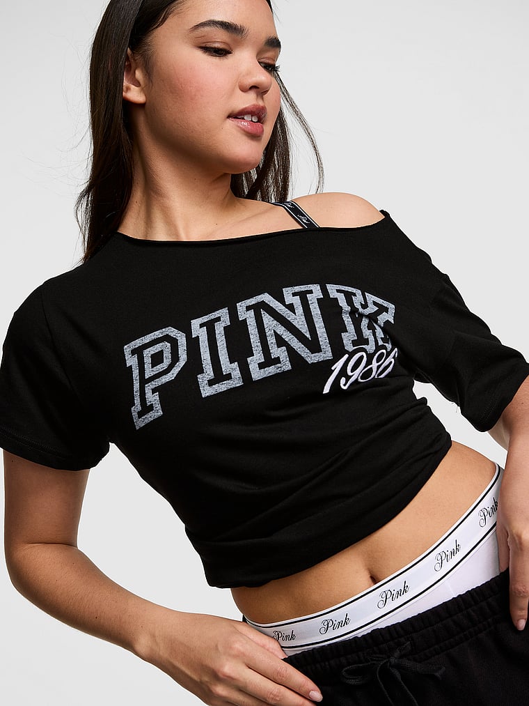 PINK Campus Cotton™ Off-The-Shoulder Tee, Pure Black, onModelFront, 1 of 3 Breanna is 5'8" and wears Medium