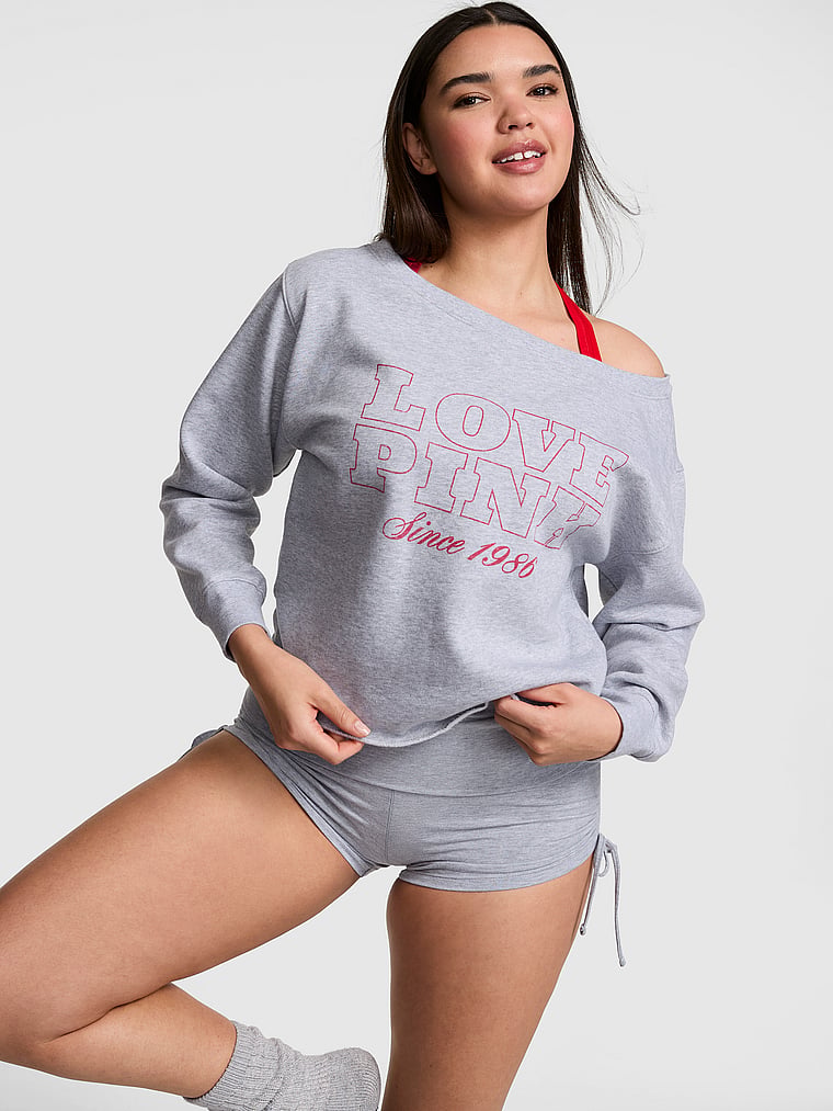 PINK Campus Fleece™ Rib Off-The-Shoulder Sweatshirt, Medium Heather Grey, onModelSide, 4 of 4 Breanna is 5'8" or 173cm and wears Medium