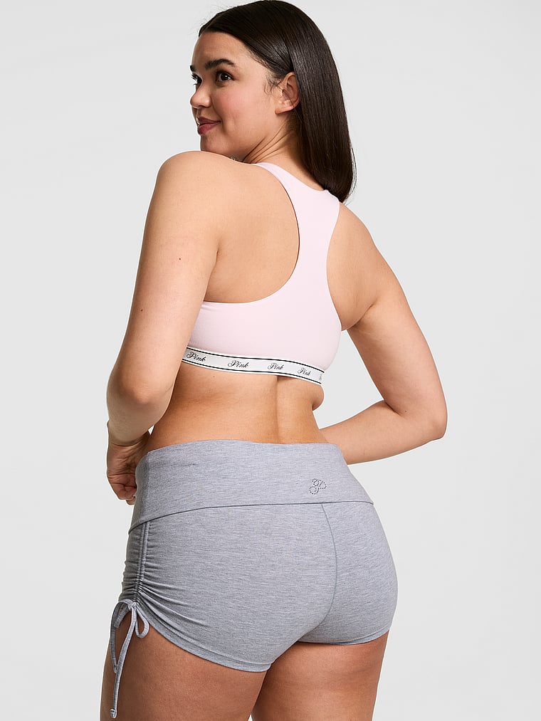 PINK All-Day Cotton™ Foldover Ruched Micro Shorts, Medium Heather Grey, onModelBack, 2 of 3 Breanna is 5'8" or 173cm and wears Medium