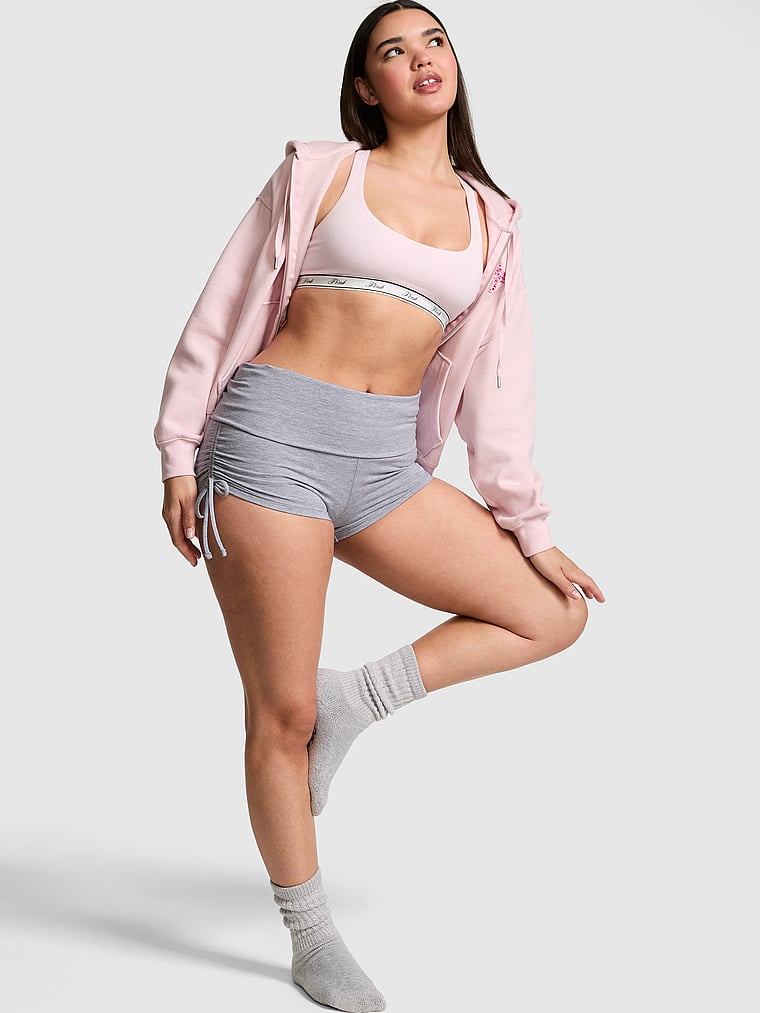 PINK All-Day Cotton™ Foldover Ruched Micro Shorts, Medium Heather Grey, onModelFront, 1 of 3 Breanna is 5'8" or 173cm and wears Medium