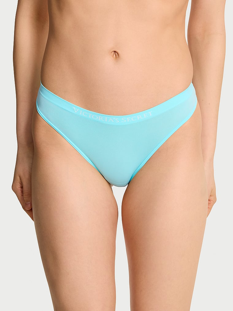 Victoria's Secret, Seamless Seamless Thong Panty, Aqua Blue, onModelFront, 1 of 3 Lotta is 5'10" and wears Small