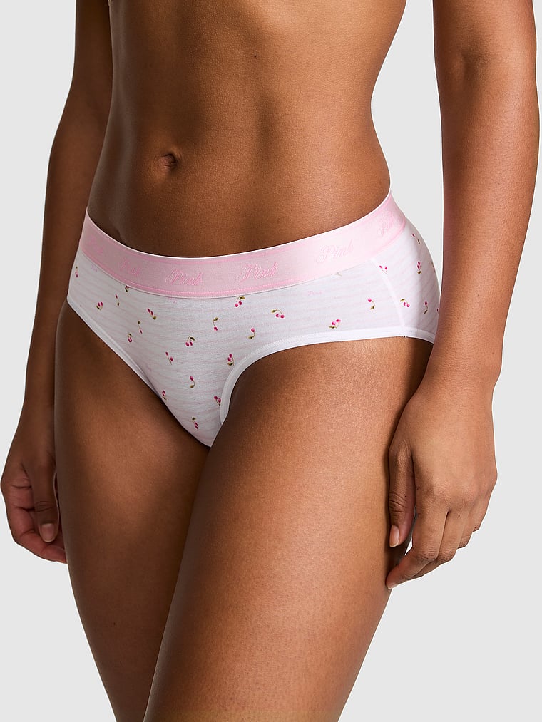 PINK Logo Lace Hiphugger Panty, Pink Tulip Stripe Cherry Print, onModelFront, 1 of 3