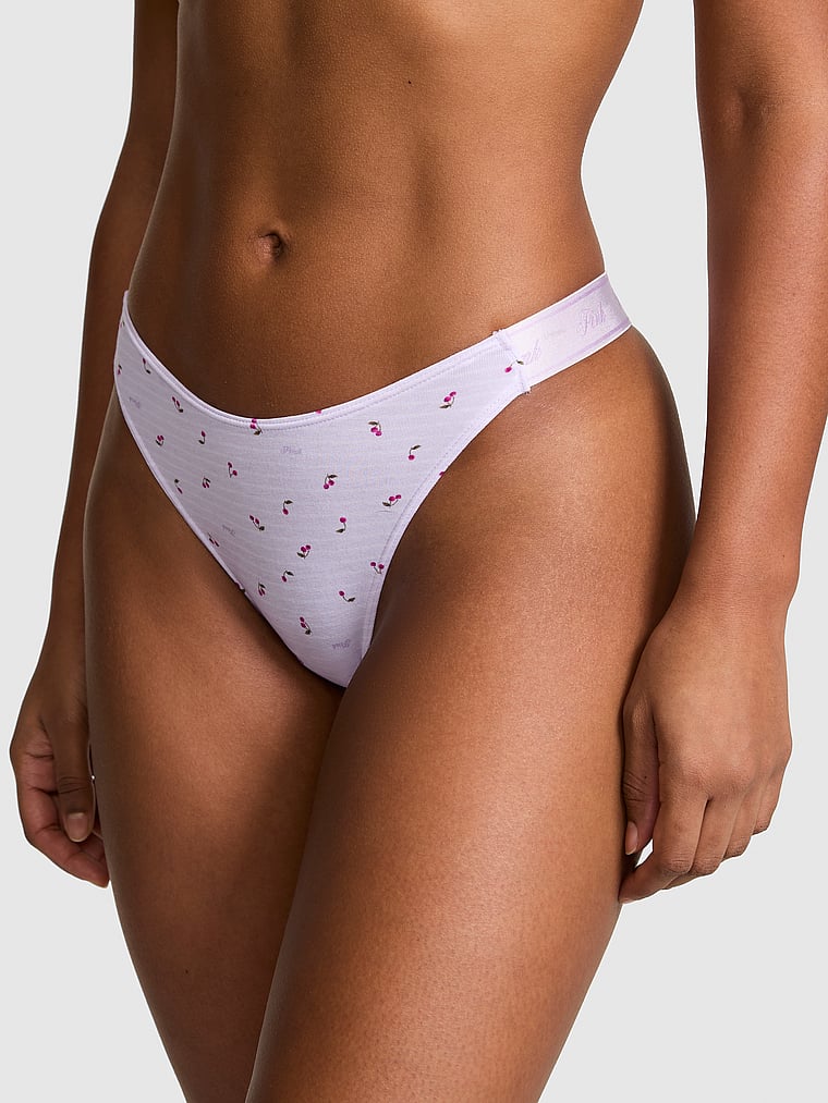 PINK Logo Cotton High-Leg Thong Panty, Purple Whisper Stripe Cherry Print, onModelFront, 1 of 3