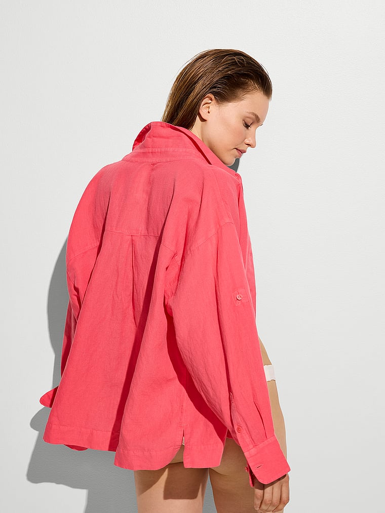 Victoria's Secret, Victoria's Secret Swim Beachwear Linen Boxy Long-Sleeve Shirt, Poppy, onModelSide, 2 of 4 Lotta is 5'10" and wears Small