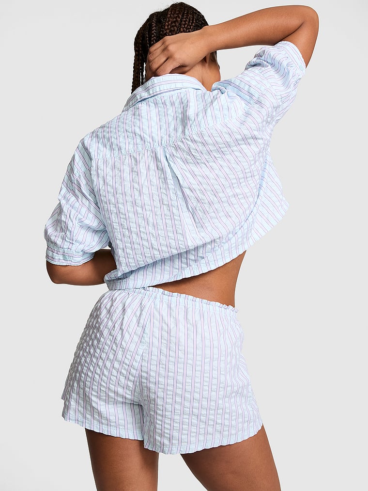 PINK Coastal Cutie Pajama Shorts, Spray Blue Stripes, onModelBack, 2 of 3