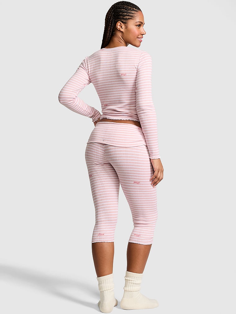 PINK Soft Luxe Pointelle Foldover Capri Pants, Dollhouse Pink Stripes, onModelBack, 2 of 4