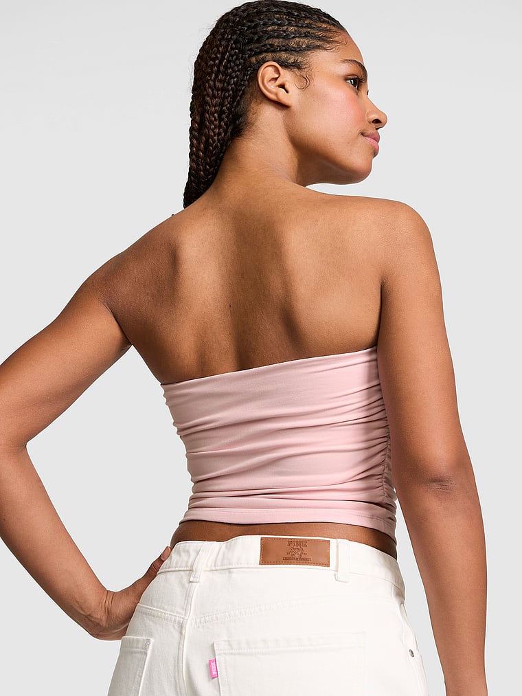 PINK All-Day Cotton™ Side-Ruched Tube Top, Dollhouse Embroidery, onModelBack, 2 of 3