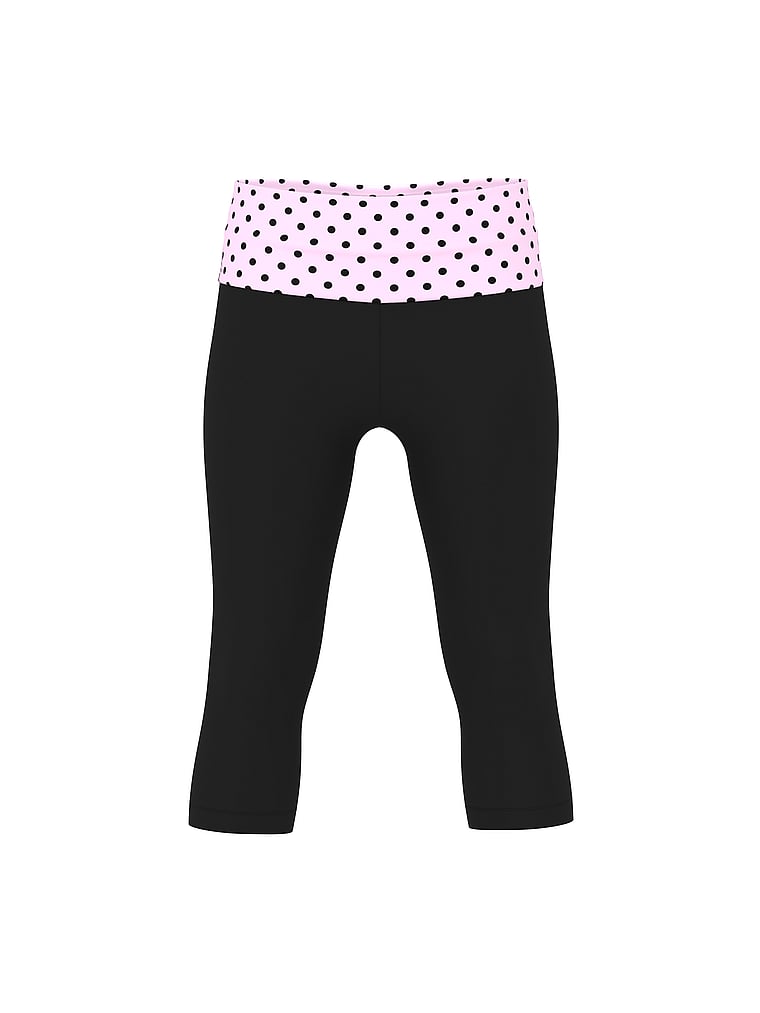 PINK Cotton Foldover Capri Leggings, Pure Black with Pink Tulip Dot, offModelFront, 3 of 3