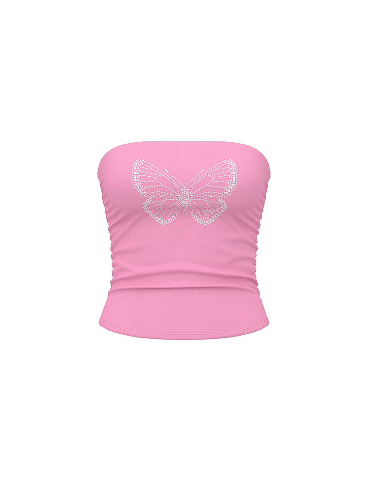 PINK All-Day Cotton™ Side-Ruched Tube Top, Pink Lollipop Bling, offModelFront, 4 of 5