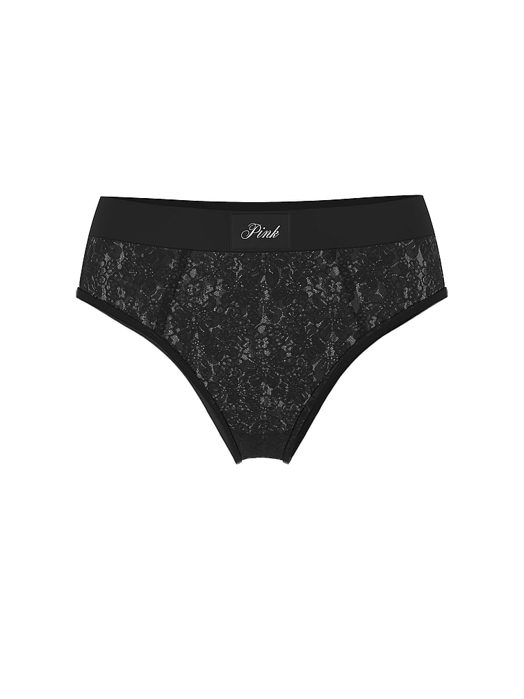 PINK Lacie Logo Brazilian Panty, Pure Black, offModelFront, 3 of 3