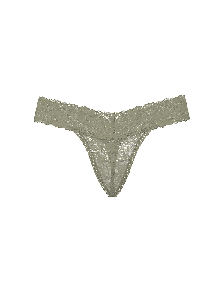 PINK PINK Wink™ Lace Thong Panty, Slate Green, offModelFront, 3 of 3