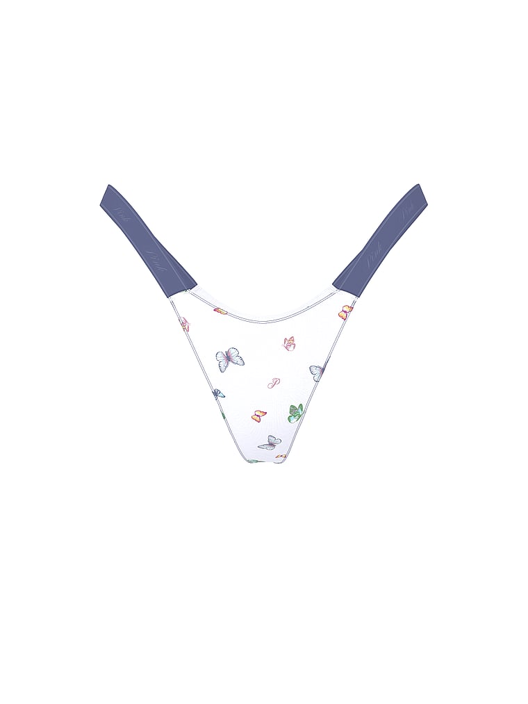 PINK Logo Cotton String Micro Thong Panty, White Multi Color Butterfly Print, offModelFront, 3 of 3