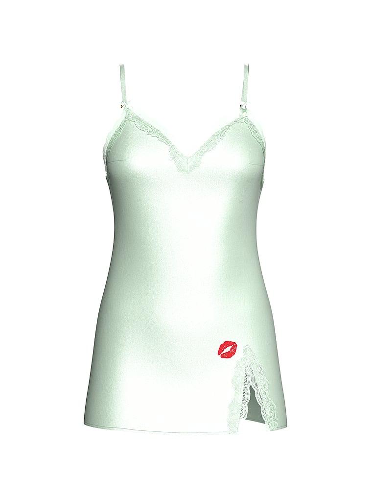 Victoria's Secret, Victoria's Secret Tease Satin Lace-Trim Mini Slip Dress, Mint, offModelFront, 1 of 3