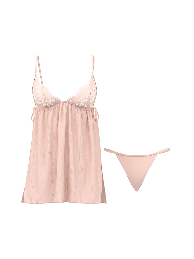 Victoria's Secret, Dream Angels Lace Triangle Pleated Babydoll Set, Purest Pink, offModelFront, 3 of 3