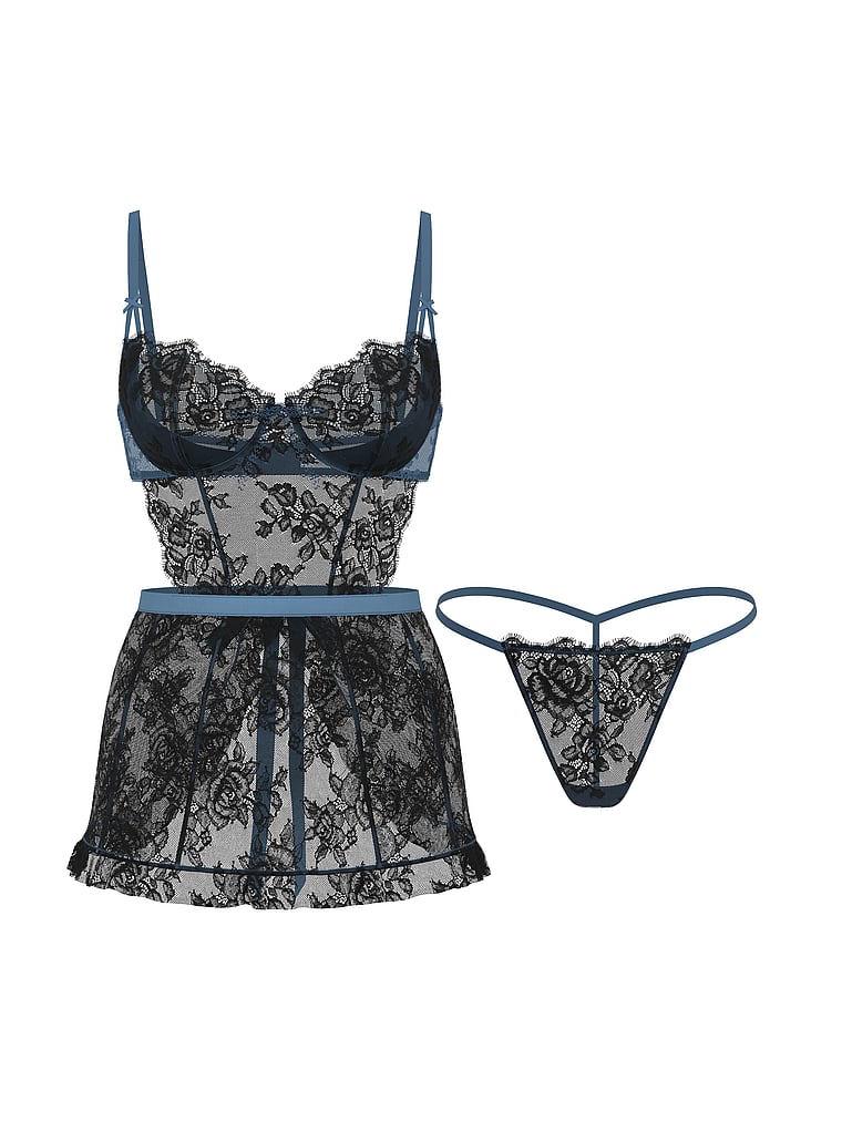 Wicked Unlined Denim Rose Lace Apron Set