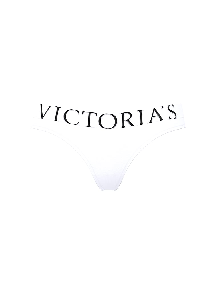Victoria's Secret, Cotton Logo Cotton Thong Panty, White, offModelFront, 3 of 3