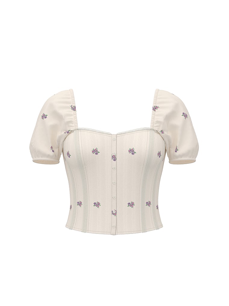 PINK Puﬀ-Sleeve Corset Top , Winter White Floral, offModelFront, 4 of 4