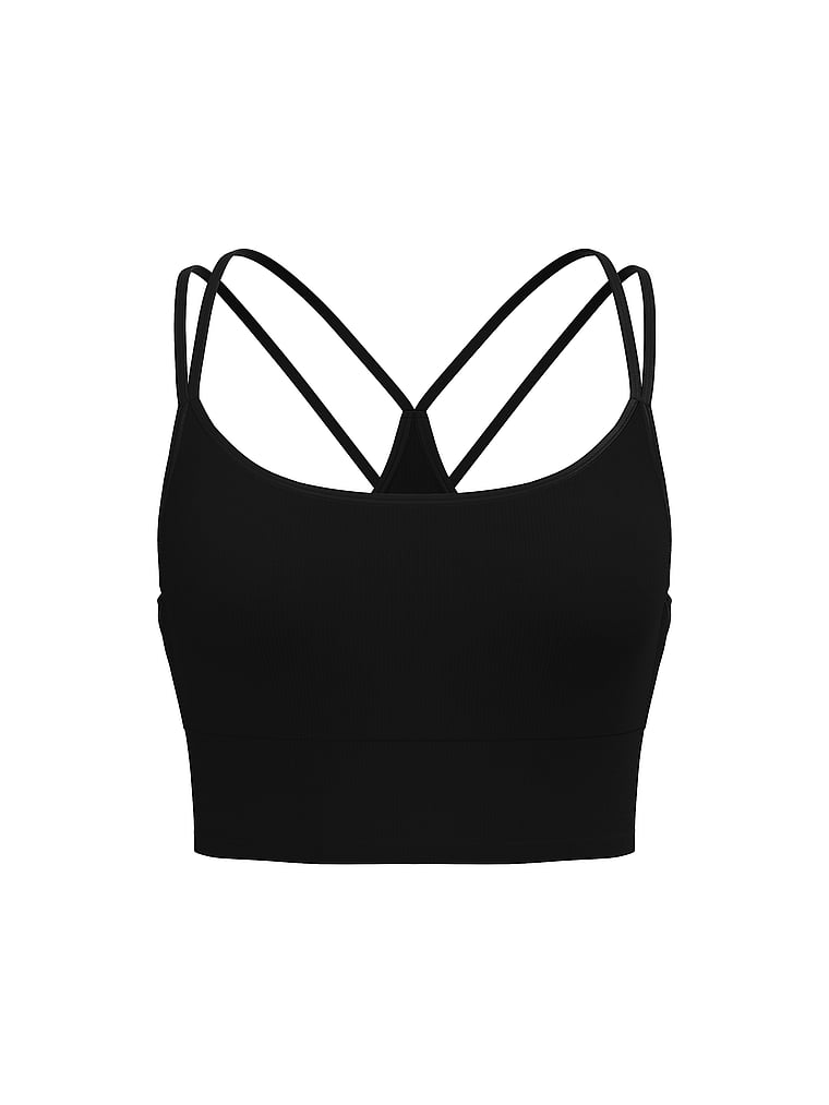 PINK Soft Seamless Strappy Sports Bra, Pure Black, offModelFront, 3 of 3