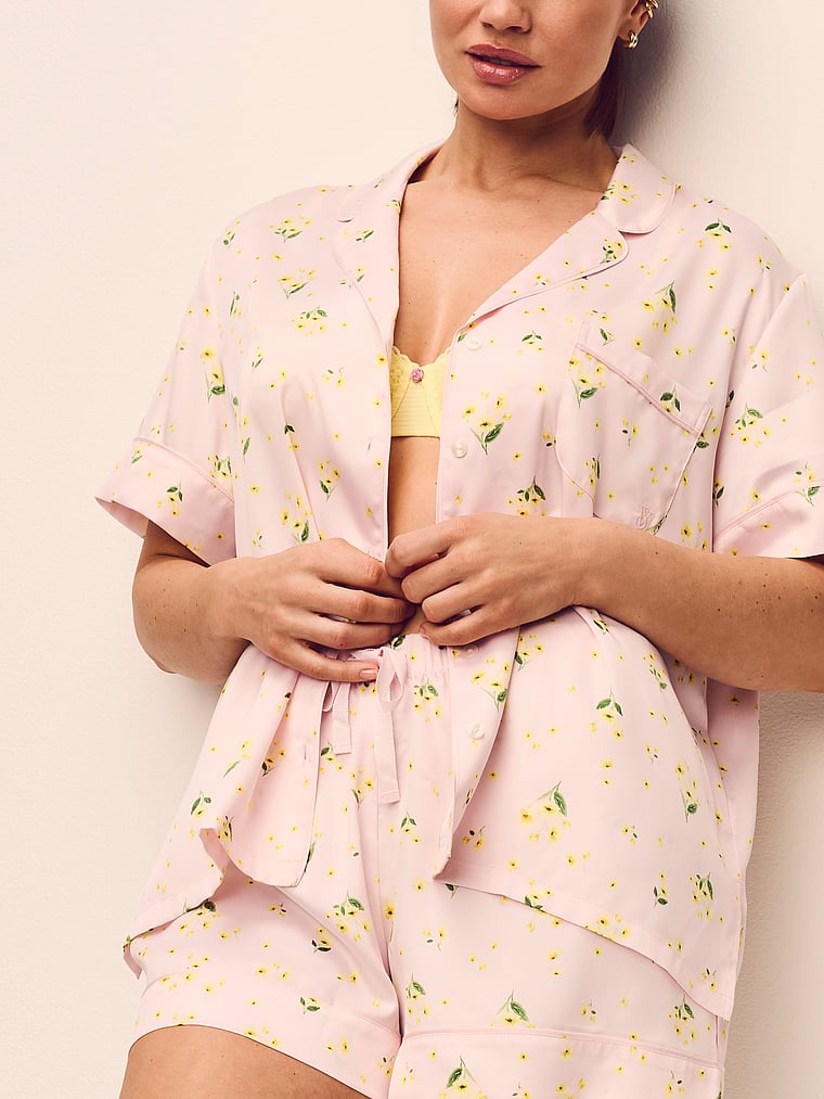 Victoria's Secret, Victoria's Secret Signature Satin Short Pajama Set, Sheer Blush Floral, onModelSide, 3 of 5