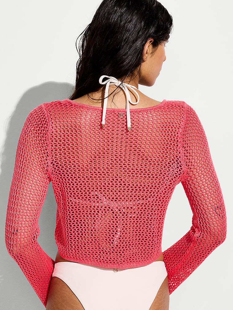 Victoria's Secret, Victoria's Secret Swim Beachwear Crochet Tie-Front Long-Sleeve Top, White/Ivory, onModelBack, 2 of 2