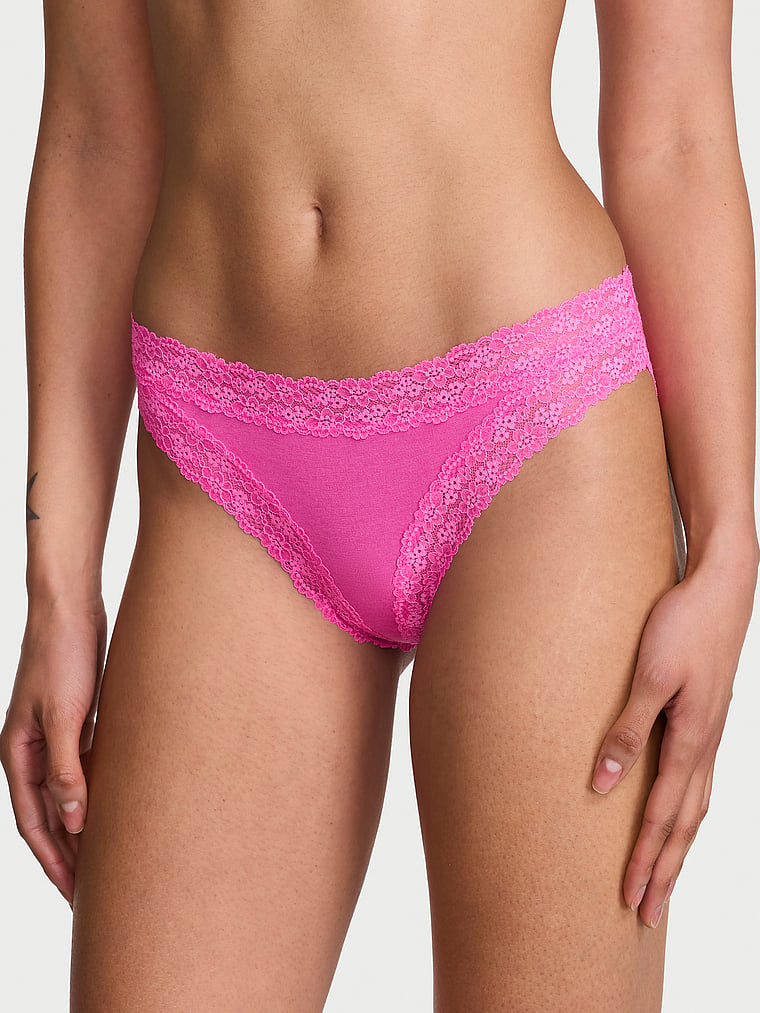 Victoria's Secret, Lace Trim Cotton Lace-Trim Bikini Panty, Flower Pink, onModelFront, 1 of 3 Anisha is 5'11" and wears Small