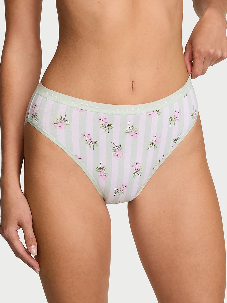 Victoria's Secret, Victoria's Secret Stretch Pointelle High-Leg Brief Panty, Mint Floral Stripe, onModelFront, 1 of 3 Ari is 5'9" and wears Small
