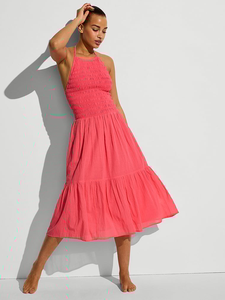 Victoria's Secret, Victoria's Secret Swim Beachwear Smocked Midi Dress, Poppy, onModelFront, 1 of 3 Nisaa is 5'9" and wears 34B or Small